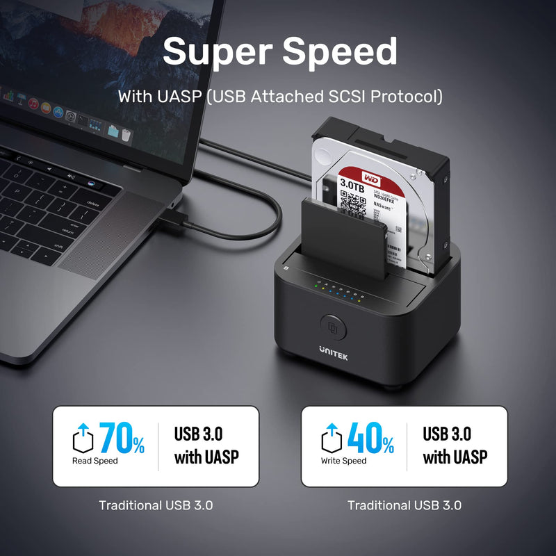 [Australia - AusPower] - Unitek USB 3.0 to SATA I/II/III Mini Dual Bay External Hard Drive Docking Station for 2.5 / 3.5-inch HDD SSD, Offline Clone Duplicator Function Support UASP and 16TB with 12V/3A Power Adapter Type-A SATA Docking Station 