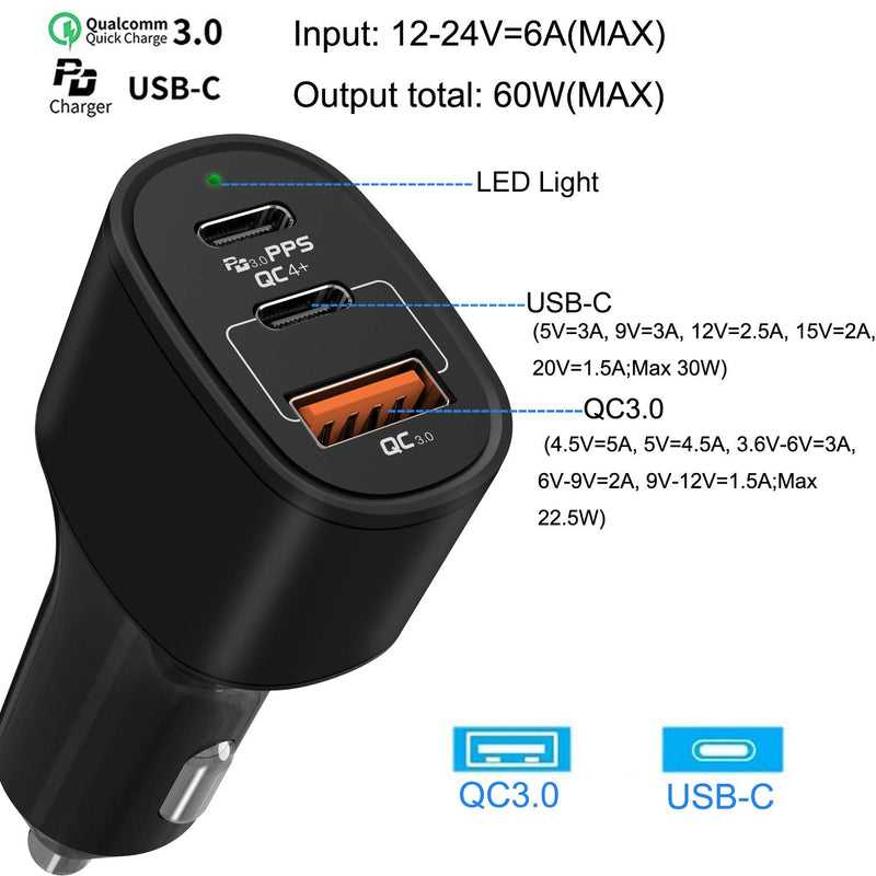 [Australia - AusPower] - USB C Car Charger, 60W 3 Ports Fast Charging Car Adapter with Dual 30W Power Delivery Port & one 22.5W QC3.0 Port, Compatible with iPhone 11 Pro Max XS XR X 10,Samsung Galaxy Note10+,Ipad Pro and More 