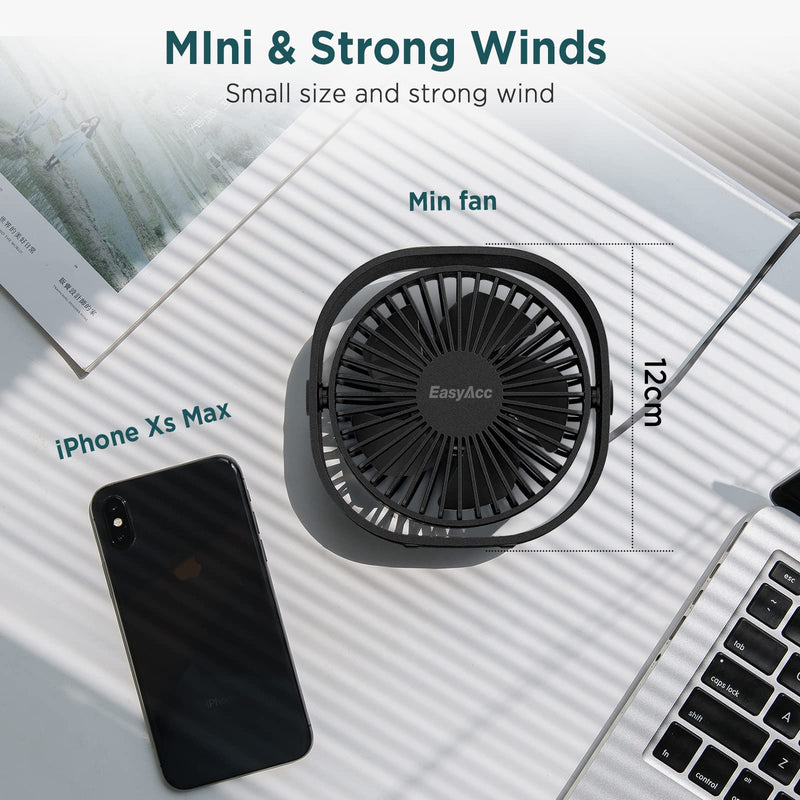 [Australia - AusPower] - EasyAcc USB Desk Fan, 3 Speeds USB Fan [Lower Noise USB Powered ONLY&Powerful Desk Fan] USB Portable Powered Fan, 360°Rotatable Personal Desktop Table Fan Travel Fan for Desk Home Bedroom Office Black 