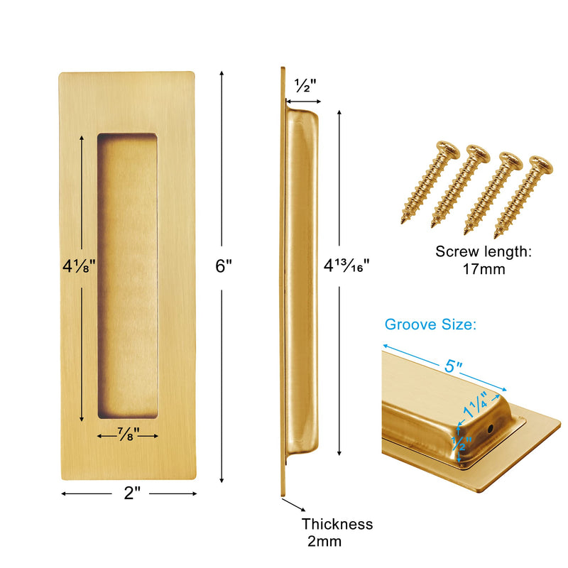 [Australia - AusPower] - Malimali 6 Inch Gold Recessed Finger Flush Pulls for Pocket Door Closet Door, Sliding Barn Door Handle Hardware Brushed Gold Stainless Steel Rectangular Door Pulls (2 Pack) Rectangle (2 Pack) 