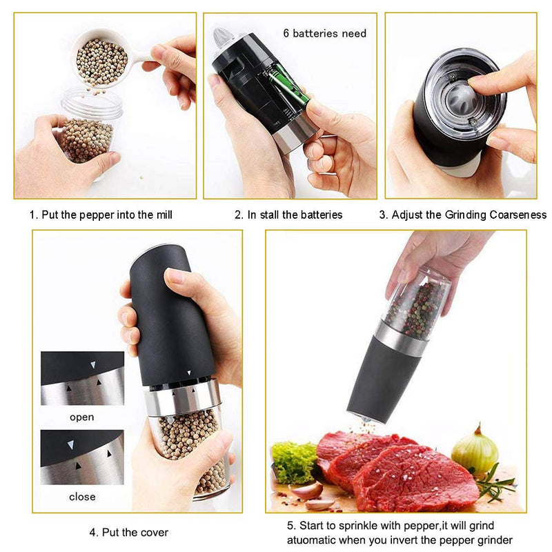 [Australia - AusPower] - YAYAYOUNG Gravity Electric Grinder set of 2,Automatic Pepper and Salt Mill Grinder with Blue LED LIGHT,Electric Pepper Mill with Adjustable Coarseness,Refillable,salt and pepper shaker,pepper grinder Black 