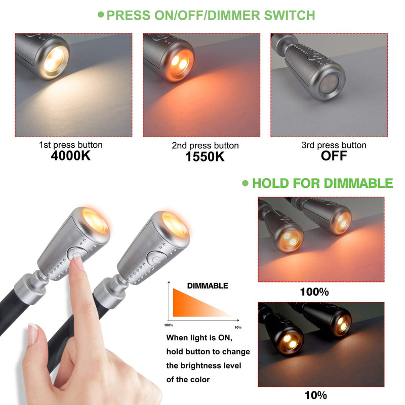 [Australia - AusPower] - HONGUT LED Neck Reading Light, Rechargeable Neck Light for Reading in Bed, 8 LED 2 Modes, Bendable Arms Swing Head, Brightness Adjustable Neck Book Lights Amber Light for Camping, Repairing, Knitting 