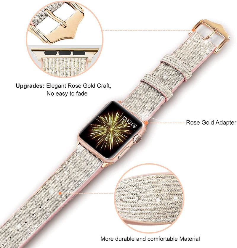 [Australia - AusPower] - Compatible with Apple Watch Band 38mm 40mm 41mm 42mm 44mm 45mm, CTYBB Blingbling Sweatproof Genuine Leather and Silicone Band for iWatch Series 7 6 5 4 3 2 1 SE, (Starlight, 42mm 44mm 45mm) 42mm / 44mm / 45mm AA-AStarlight/Rose Gold 