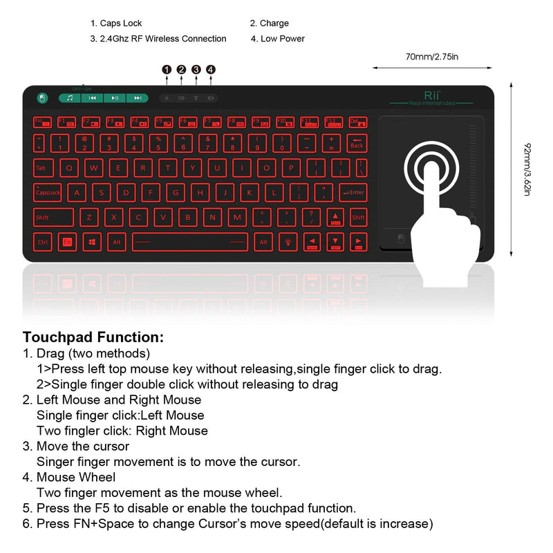 [Australia - AusPower] - Rii K18 Plus Wireless 3-LED Color Backlit Multimedia Keyboard with Multi-Touch Big Size Trackpad,Rechargable Keyboard for Android TV Box,PC,Smart TV,Xbox,Raspberry Pi, HTPC IPTV,Windows, MacOS 2.4GHz 