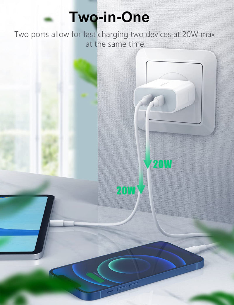 [Australia - AusPower] - USB C Charger, Amoner 40W for iPhone 13 Fast Charger, Dual Ports USB-C Wall Charger with PD 3.0 Power Delivery Adapter for iPhone 13/12/12 Pro/12 Pro Max/12 Mini/11,Galaxy,Pixel 4/3 White-40W 