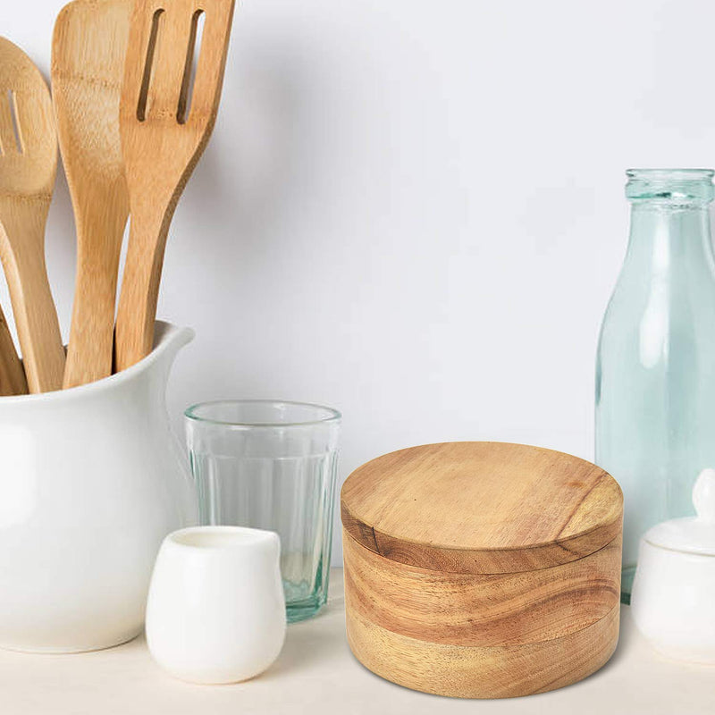 [Australia - AusPower] - Acacia Wood Salt and Pepper Cellar with Swivel Magnetic Lid Serving Spoon inside 2-Compartment for Storing Salt,Herbs,Spices 