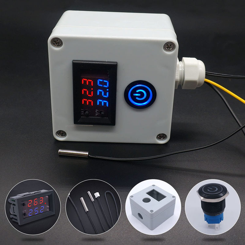 [Australia - AusPower] - Twidec/DC 12V Temperature Controller Box Programmable -50 to 110 ℃ (-58 to 230 °F) Red/Blue LED Display Monitor Heating/Cooling Thermostat Control Module with NTC 10K Waterproof Sensor and Switch White Box 