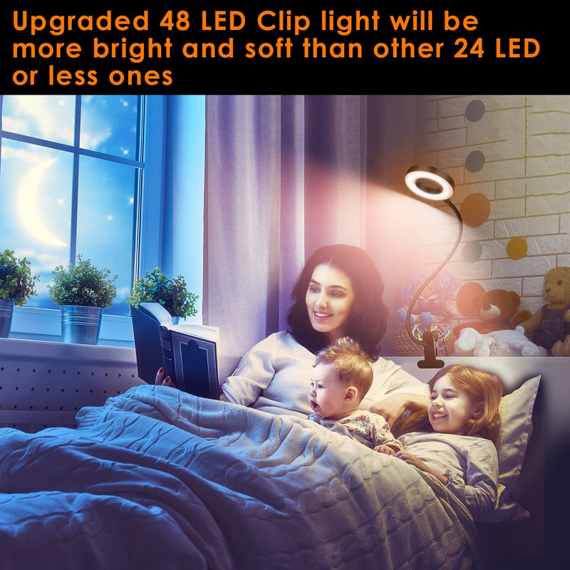 [Australia - AusPower] - Clip On Light Reading Light Lamp,48 LED Dimmable Gooseneck Clamp Desk Light Lamp,3 Light Color Clip On Ring Light for Books in Bed Headboard Computer Laptop Webcam Zoom(Black) Black 