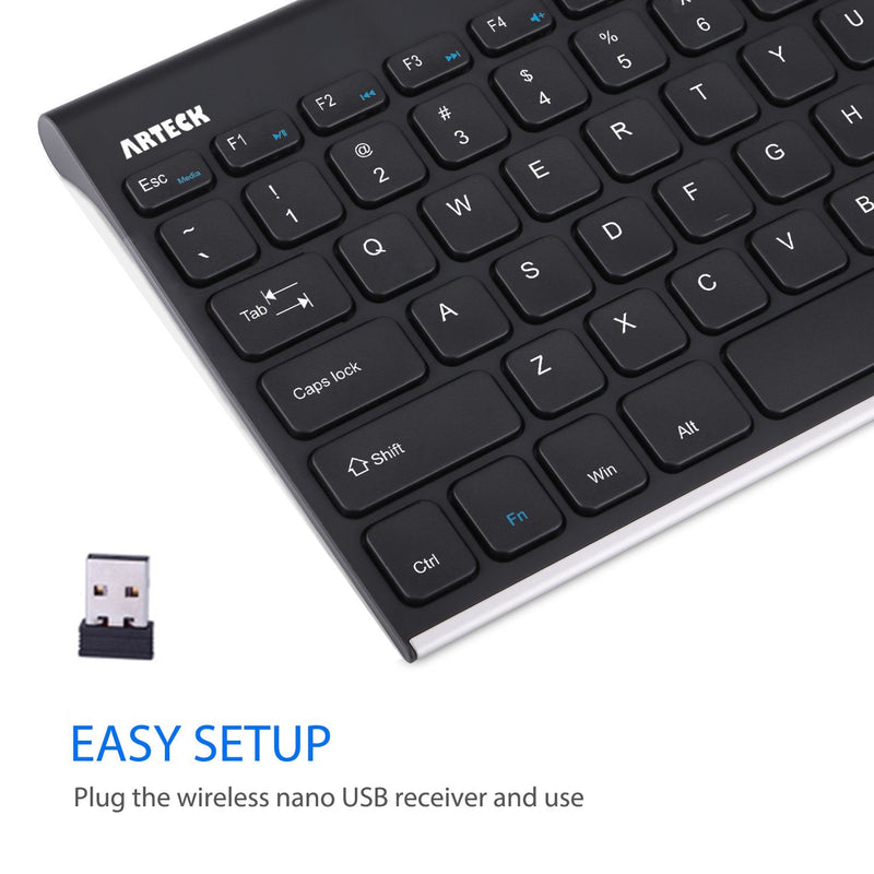 [Australia - AusPower] - Arteck 2.4G Wireless Keyboard Stainless Steel Ultra Slim Keyboard for Computer/Desktop/PC/Laptop/Surface/Smart TV and Windows 10/8 / 7 / Vista/XP Built in Rechargeable Battery 
