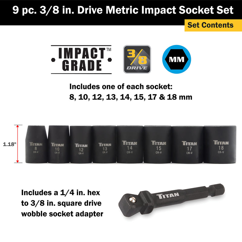 [Australia - AusPower] - Titan 48201 9-Piece 3/8-Inch Drive Metric Impact Socket Set 