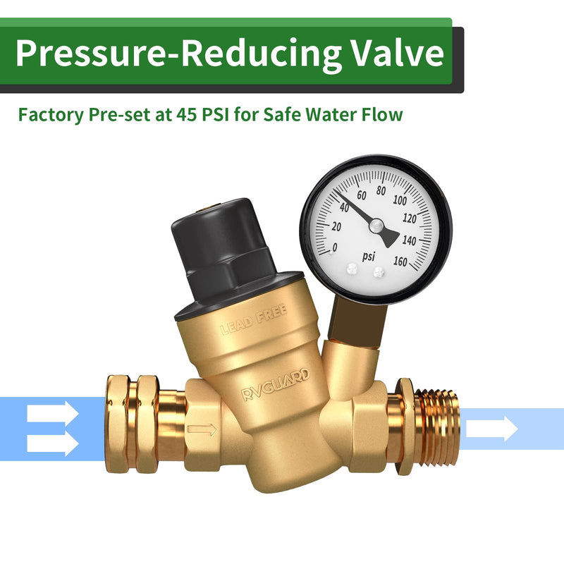 [Australia - AusPower] - RVGUARD RV Water Pressure Regulator Valve, Brass Lead-Free Adjustable Water Pressure Reducer with Gauge and Inlet Screen Filter for RV Camper Travel Trailer 