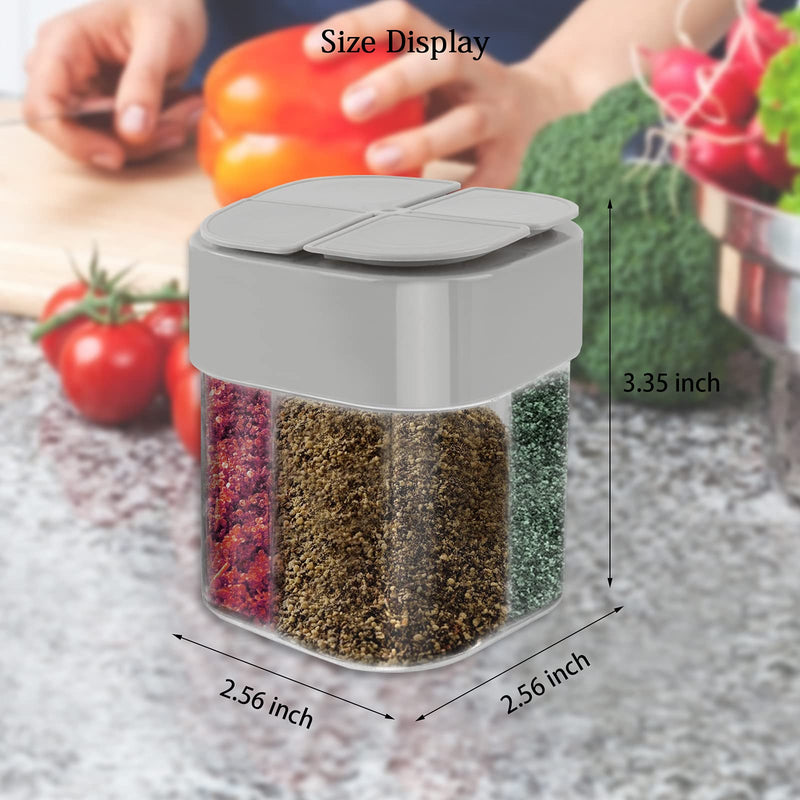 [Australia - AusPower] - 4 Pack 4 in 1 Plastic Salt and Pepper Shaker, Transparent Spice Dispenser 4 Compartment Seasoning Jar, Travel Spice Containers with Lids, Empty Spice Dispensers for Cooking BBQ(with 1 Sheet Label) 