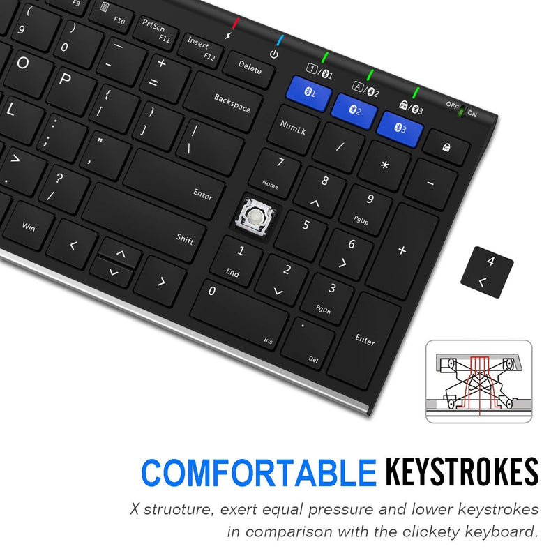 [Australia - AusPower] - Arteck HB193 Universal Bluetooth Keyboard Multi-Device Stainless Steel Full Size Wireless Keyboard for Windows, iOS, Android, Computer Desktop Laptop Surface Tablet Smartphone Rechargeable Battery 