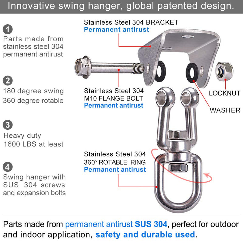 [Australia - AusPower] - BeneLabel Permanent Antirust Stainless Steel Heavy Duty Swing Hanger, 1000 LB Capacity, 2 Screws for Wooden and 2 Expansion Bolts for Concrete, Yoga Hammock Chair Sandbag Swing Sets, 360° Swing 