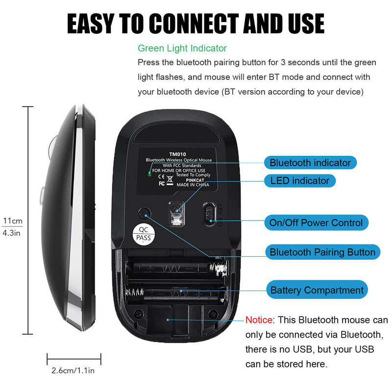 [Australia - AusPower] - Bluetooth Mouse, PINKCAT Silent Mouse Wireless, Bluetooth 5.0/4.0 Portable Slim Wireless Mouse, Optical Cordless Mouse for Laptop, ipad, MacBook Pro / Air, Mac, PC, Tablet, Chromebook, Surface Pro black 