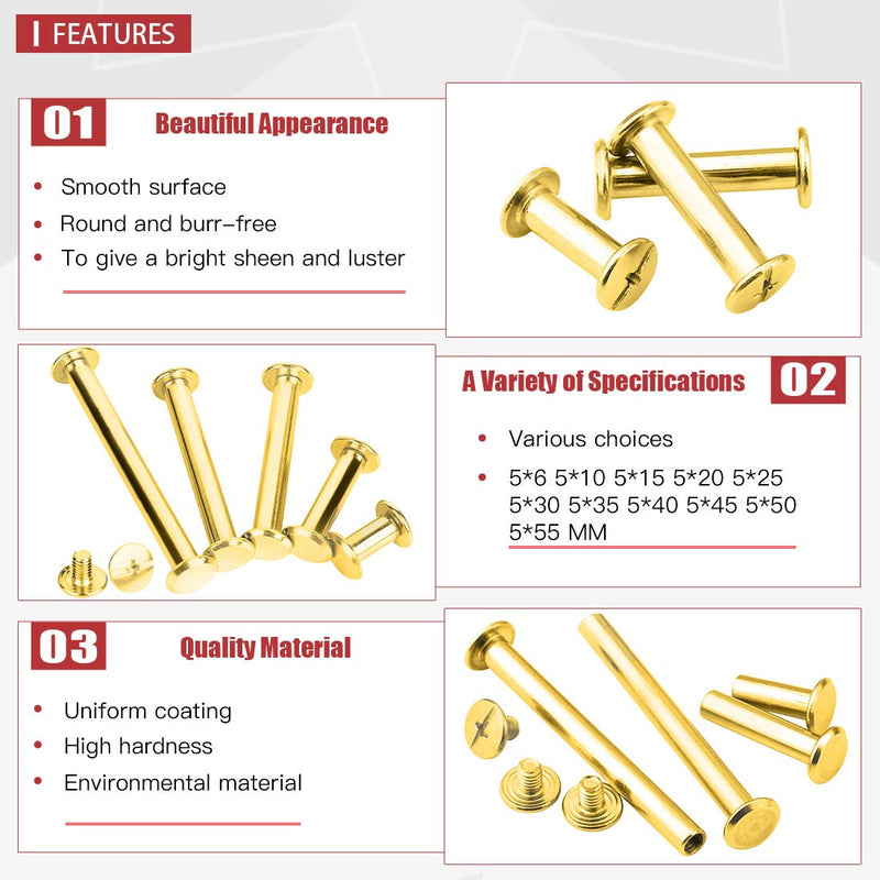 [Australia - AusPower] - Hilitchi 50-Sets M5 Brass Plated Phillips Chicago Screw Posts Binding Screws Assortment Kit for Scrapbook Photo Albums Binding, Leather Repair - Gold (M5 x 10mm-50Sets) M5 x 10mm-50Sets 