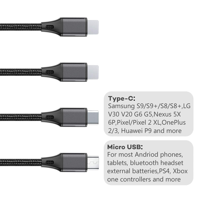 [Australia - AusPower] - Multi Charging Cable, Multi USB Cable 3A 4FT USB Charging Cable Nylon Braided Universal 4in1 Multi Charger Cable Adapter Type-C/Micro USB Port,Compatible with Cell Phones and More (Black, 2 Pack) 