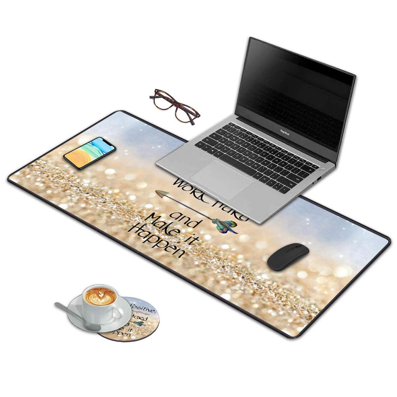 [Australia - AusPower] - Desk Pad Mat Gaming Mouse Pads with Coasters, 31.5" ×11.8" Large Non-Slip Rubber Base Mousepad with Stitched Edges for Office & Home (Stay Positive Work Hard and Make It Happen Inspirational Quote) 