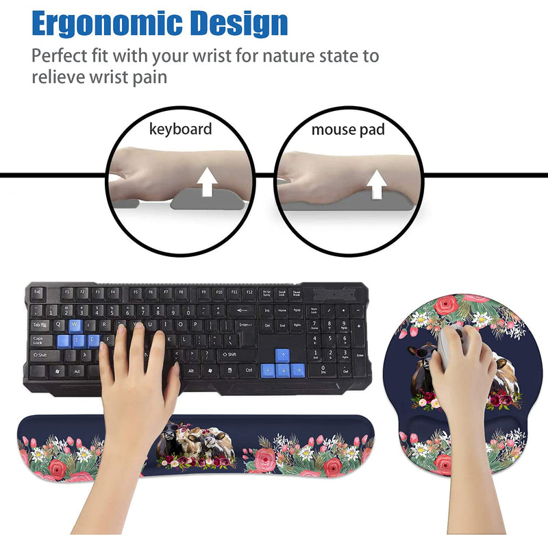 [Australia - AusPower] - Keyboard Wrist Rest and Mouse Pad Wrist Support Set, Non-Slip PU Base Ergonomic Gaming Mousepad for Home Office Working Studying Easy Typing & Pain Relief - Floral Quote Funny Cows Combination 