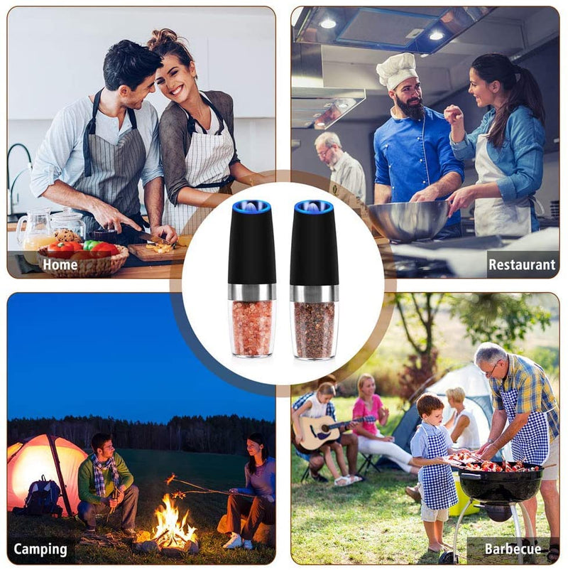 [Australia - AusPower] - YAYAYOUNG Gravity Electric Grinder set of 2,Automatic Pepper and Salt Mill Grinder with Blue LED LIGHT,Electric Pepper Mill with Adjustable Coarseness,Refillable,salt and pepper shaker,pepper grinder Black 