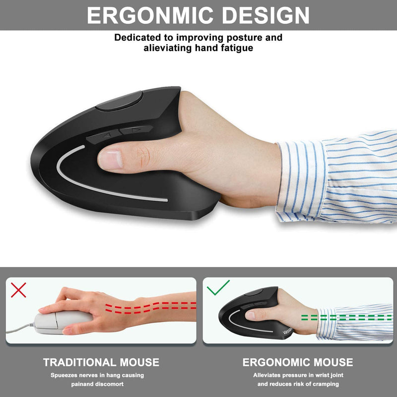 [Australia - AusPower] - Vassink Ergonomic Mouse, Rechargeable Wireless Mouse, 2.4GHz Rechargeable Wireless Vertical Optical Mice with USB Receiver, 6 Buttons, 800/1200/1600 DPI, for Laptop, PC, Computer Black 