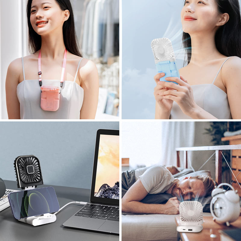 [Australia - AusPower] - Mini Fan Portable Handheld Fan Rechargeable Small Battery Operated Personal Fan all in 1 as Power Bank, Phone Holder, Hand Held Fan, Mini Desk Fan, Travel Fan, USB Fan, 3000 mAh, 4 Speed, Neck lanyard Pink 
