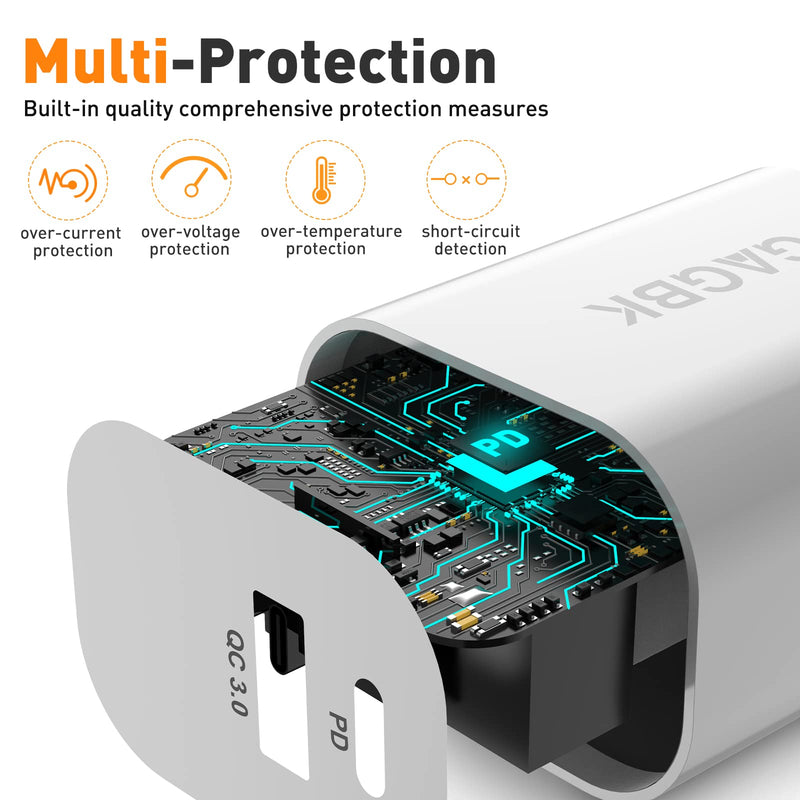 [Australia - AusPower] - USB C Wall Charger, GAGBK 20W Fast Charger, Dual-Port iPhone 12 13 Charger, PD and QC3.0, Compatible for iPhone 13/13 Mini/13 Pro/13 Pro Max/12/11 and More (with Type-C Cable) White 