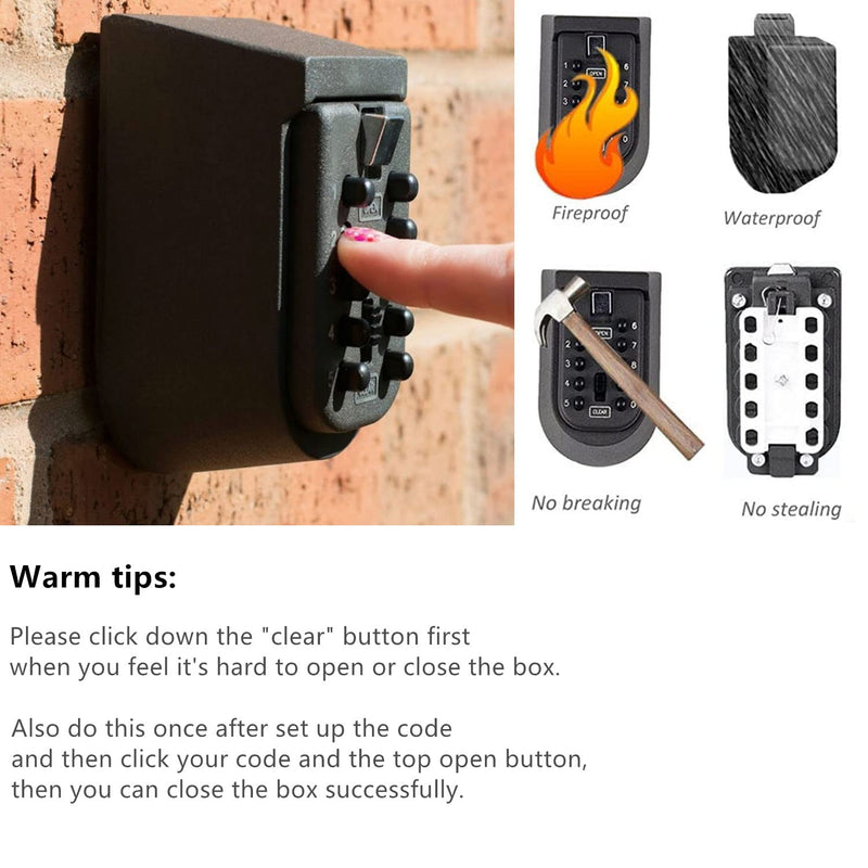 [Australia - AusPower] - Lospu HY Indoor & Outdoor Key Lock Box Wall Mounted Push Button Combination Key Safe Storage Security Lock Box with Black Rubber Cover & Wall Bolt Fixings for 5 to 7 Mortise Style Keys 