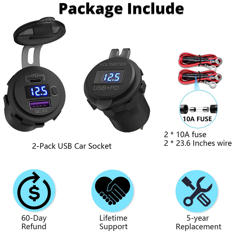 [Australia - AusPower] - 2 Pack USB C Car Charger Socket, Qidoe 48W PD3.0 USB C & QC3.0 Car USB Port with LED Voltmeter and ON/Off Switch Fast 12V-24V USB Outlet for Car Boat Marine RV Truck Golf Motorcycle 