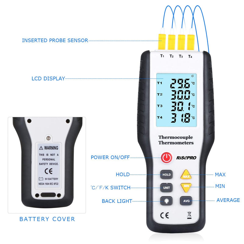[Australia - AusPower] - Thermocouple Thermometer, RISEPRO 4 Channel K Type Digital Thermometer Thermocouple -200~1372°C/2501°F Sensor HT-9815 