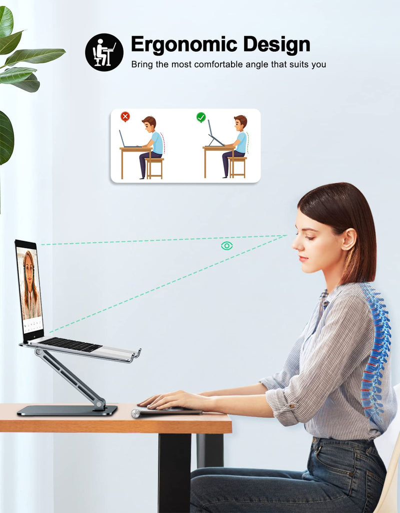 [Australia - AusPower] - RIWUCT Foldable Laptop Stand, Height Adjustable Ergonomic Computer Stand for Desk, Ventilated Aluminum Portable Laptop Riser Holder Mount Compatible with MacBook Pro Air, All Notebooks 10-16" - Gray 