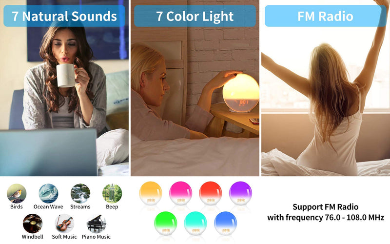 [Australia - AusPower] - Sunrise Alarm Clock Wake Up Light with Dual Alarms, 7 Natural Sounds, Snooze, FM Radio, Sleep Aid, Night Light with 7 Colors, Reading Lamp, Sunrise Simulation for Heavy Sleepers Adults Kids Bedrooms 