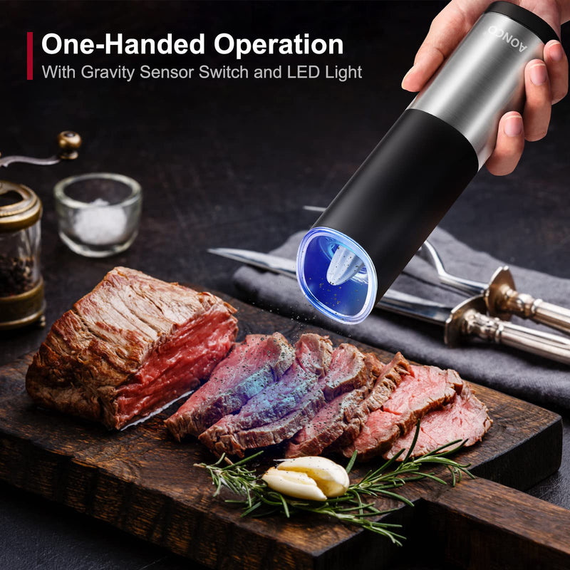 [Australia - AusPower] - Gravity Electric Pepper and Salt Grinder Set, Adjustable Coarseness, 4 AAA Battery Powered with LED Light, One Hand Automatic Operation, Stainless Steel Black, 2 Pack 