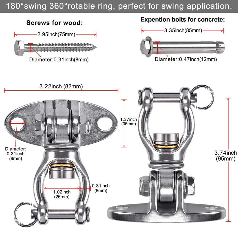 [Australia - AusPower] - SELEWARE Stainless Steel Swing Hanger, Wall Ceiling Mount for Hammock Chair, Heavy Bag, Tire Swing Set, Indoor Swing, Swivel Bearings Inside 1 Pack with scews for wood & concrete 