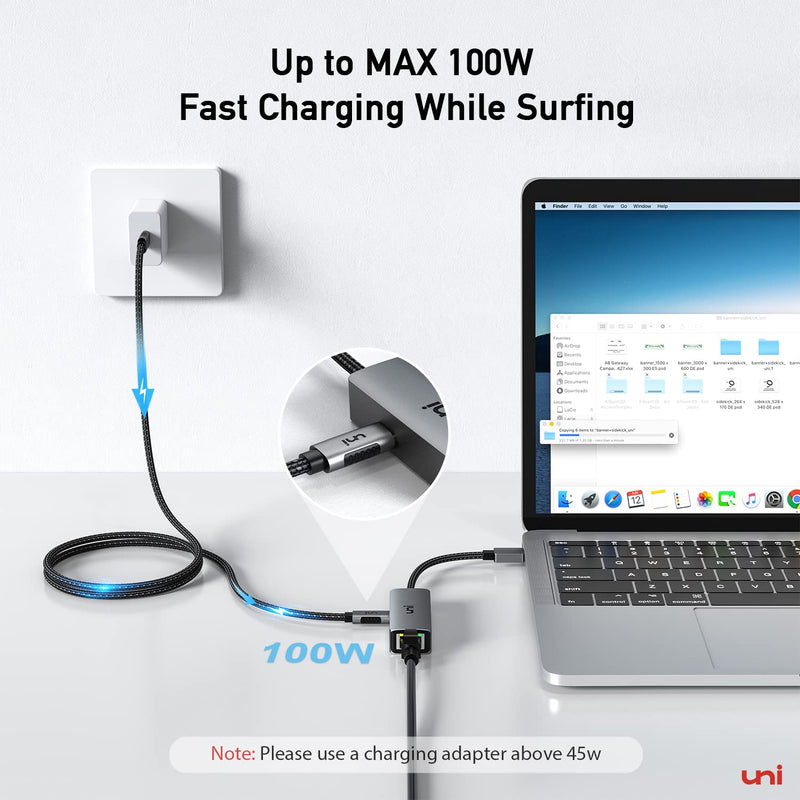 [Australia - AusPower] - uni USB C to Ethernet Adapter with 100W Charging Port, 1Gbps Ethernet to USB C - Gigabit RJ45 LAN Network Adapter with Power Delivery, Ethernet Adapter for Laptop, MacBook Pro/Air, Dell XPS 