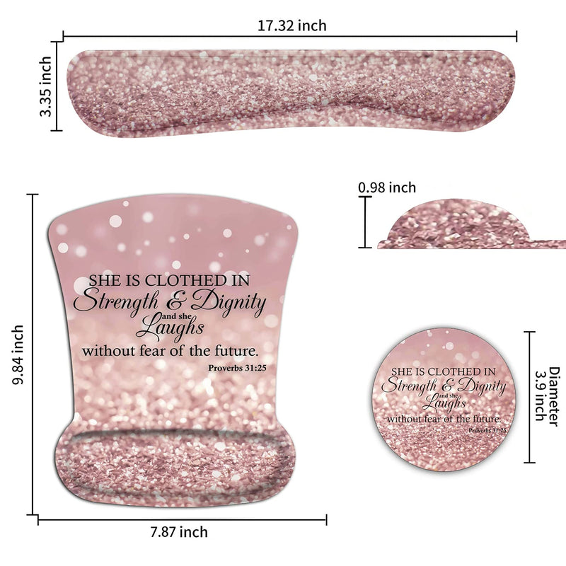 [Australia - AusPower] - Ergonomic Mouse Pad Wrist Support Gel and Keyboard Wrist Rest Set Proverbs 31:25,Bible Verse Pink Glitter Design for Laptop, Mac, Gaming and Office, Durable, Comfortable and Pain Relief + Coaster Yu-mousepad-2-3 