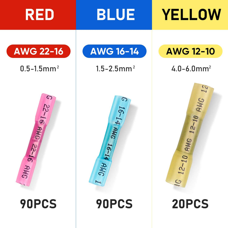 [Australia - AusPower] - TICONN 200PCS Heat Shrink Butt Connectors Kit, Insulated Waterproof Electrical Marine Automotive Wire Crimp Terminals, Butt Splice (3 Colors / 3 Sizes) 