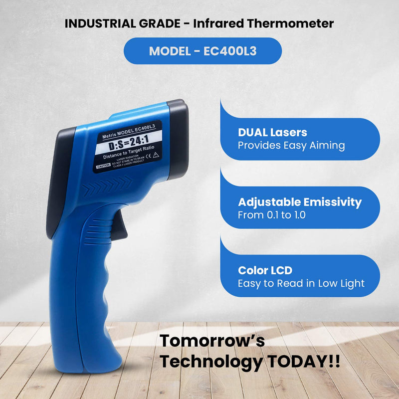 [Australia - AusPower] - Metris Instruments Model EC400L3 Non-Contact Digital Laser Infrared Thermometer Temperature Gun with Dual Lasers -58° to 1382° (-50° to 750° C) 24:1 D:S Ratio | Industrial-Grade 