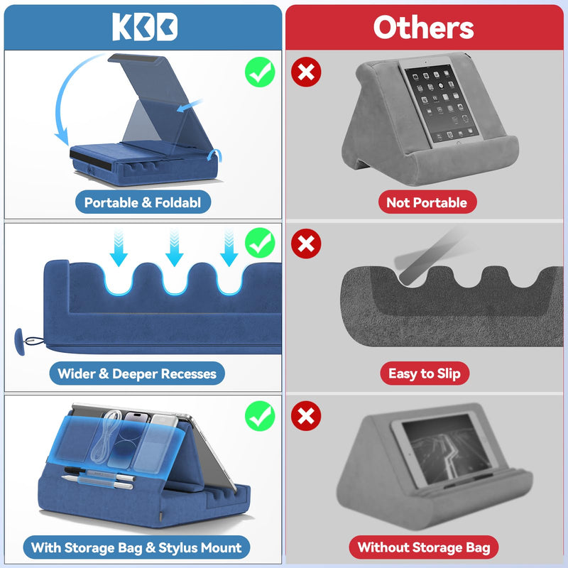 [Australia - AusPower] - KDD Tablet Pillow Holder, Foldable iPad Stand for Lap, Bed and Desk -Tablet Soft Pad Dock with Pocket & Stylus Mount Compatible with iPad Pro 12.9, 10.5, 9.7 Air Mini 6 5 4 3, Kindle, E-Reader, Blue 