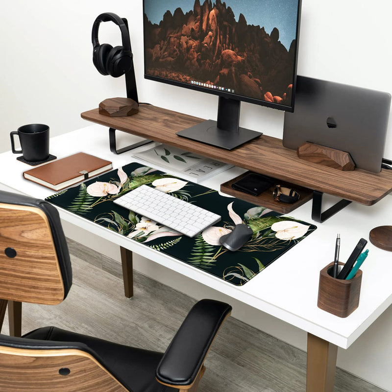 [Australia - AusPower] - Desk Mat Black and Gold White Rose Flowers Decor Large Keyboard Mouse Pad for Laptop Pc Setup Desk Cover Protector Desk DéCor for Office Home Work Gaming 31.5" X 15.7" Stitched Edge Non-Slip Design A Blue black 