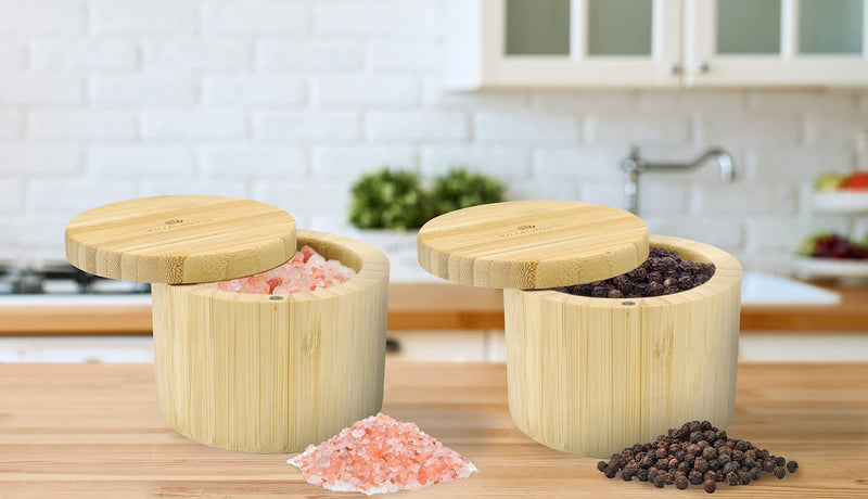 [Australia - AusPower] - ROYALHOUSE Bamboo Salt Holder With Bamboo Lid, Healthy And Safe Storage For Salt,Pepper And More Herbs (Pack of 2) Pack Of 2 