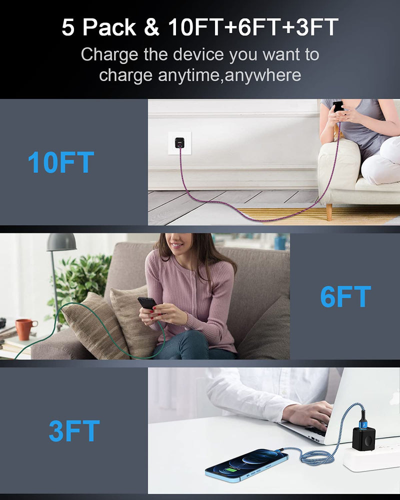 [Australia - AusPower] - iPhone Charger Cable, 5Pack Braided Lightning Cords Fast Charging for Apple 13/12 Pro Max Mini 11Pro SE X XR XS XS Max 8 Plus, Lightening Power Line Cagador Wire i Phone Lighting Chords-3/3/6/6/10Ft 
