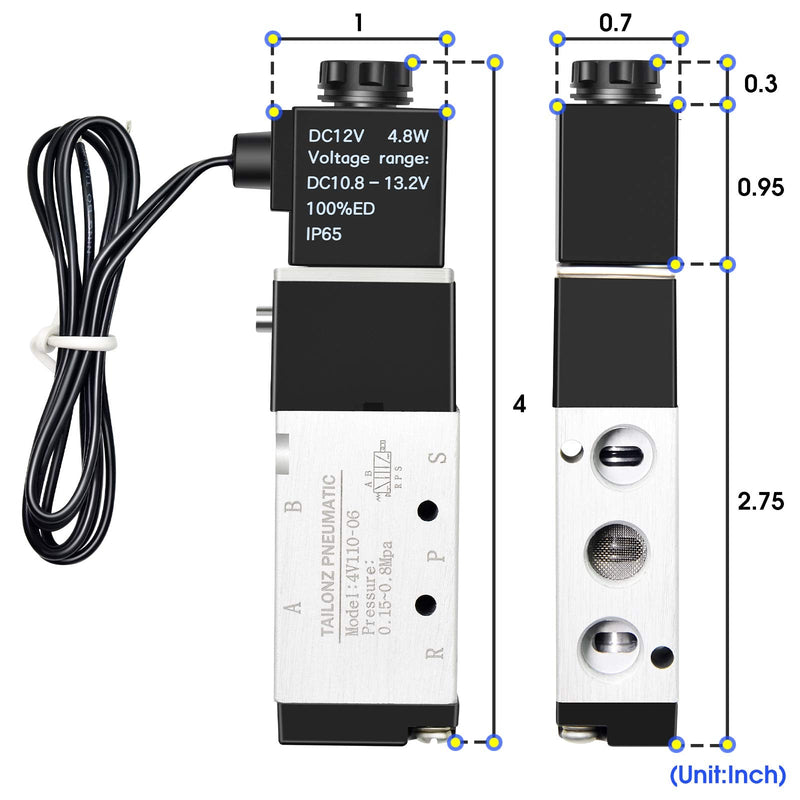 [Australia - AusPower] - TAILONZ PNEUMATIC 1/8"NPT Solenoid Valve 4V110-06 12V/24V/110V/220V Single Coil Pilot-Operated Electric 2 Position 5 Way Connection Type DC12V 