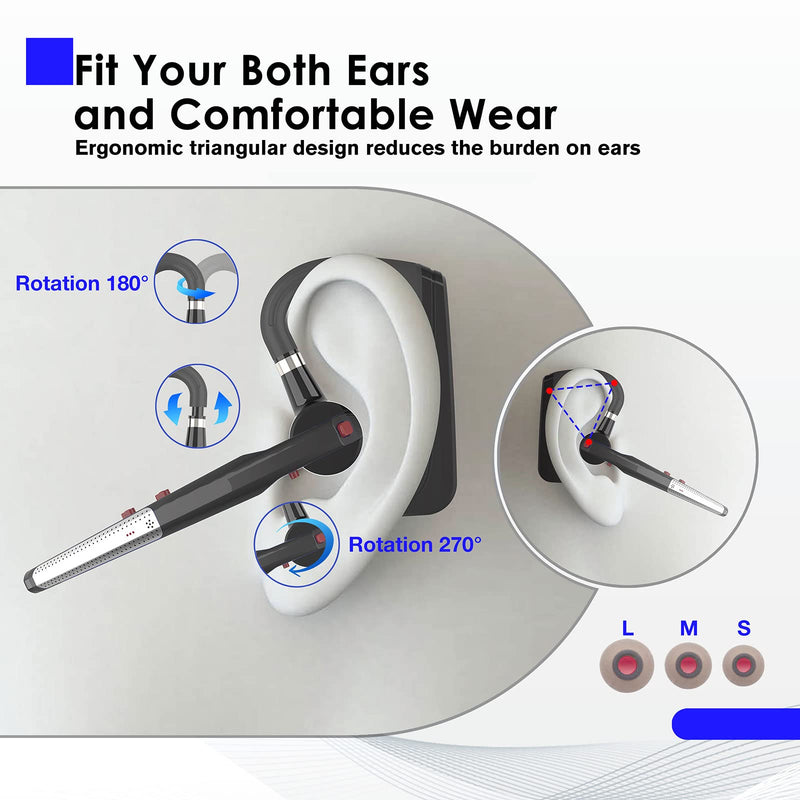 [Australia - AusPower] - Englear Noise Canceling Bluetooth Headset Wireless Single Ear Handsfree Bluetooth Earpiece with Microphone for Trucker/Business/Workout, Long Battery Life Headphone for Cellphones iPhone,PC (Black) Black 