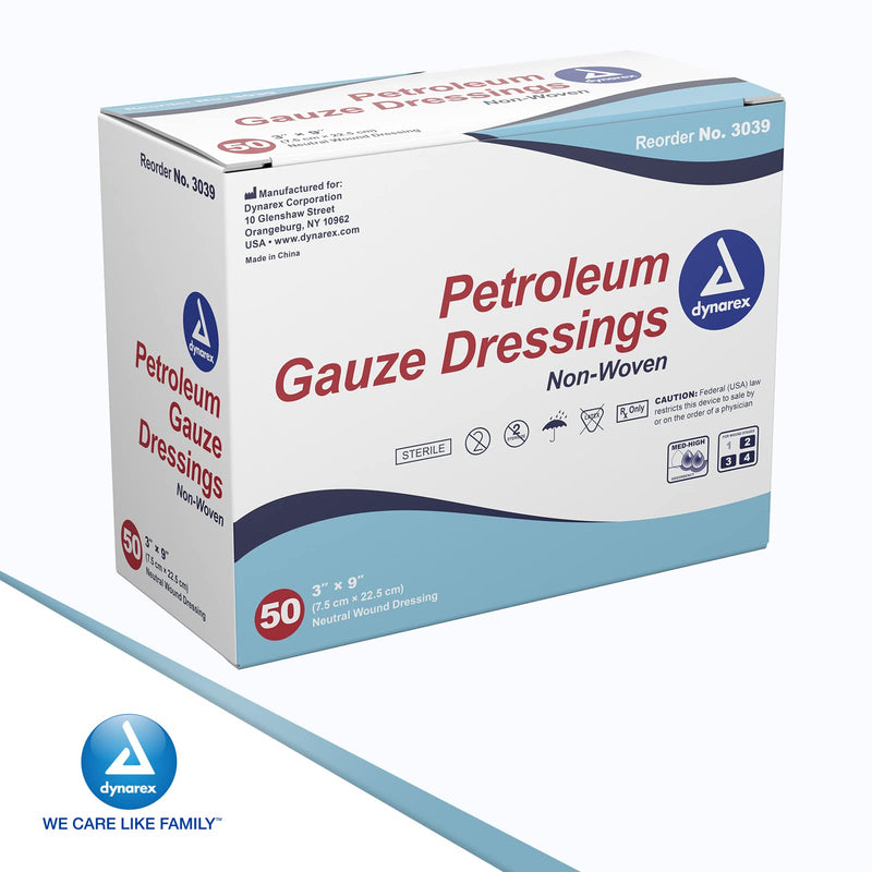 [Australia - AusPower] - Dynarex Sterile Petroleum Non Adhering Gauze Dressing for Wounds, 3" x 9", 50 Count 50 Count (Pack of 1) 