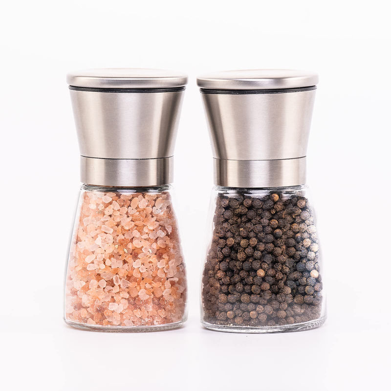 [Australia - AusPower] - Salt and Pepper Grinder Set with Wood Tray, Manual Sea Salt, Spice and Peppercorn Mill, Glass Container, Stainless Steel Cap, Adjustable Coarseness and Refillable for Modern Farmhouse Kitchen Table Clear/Silver 