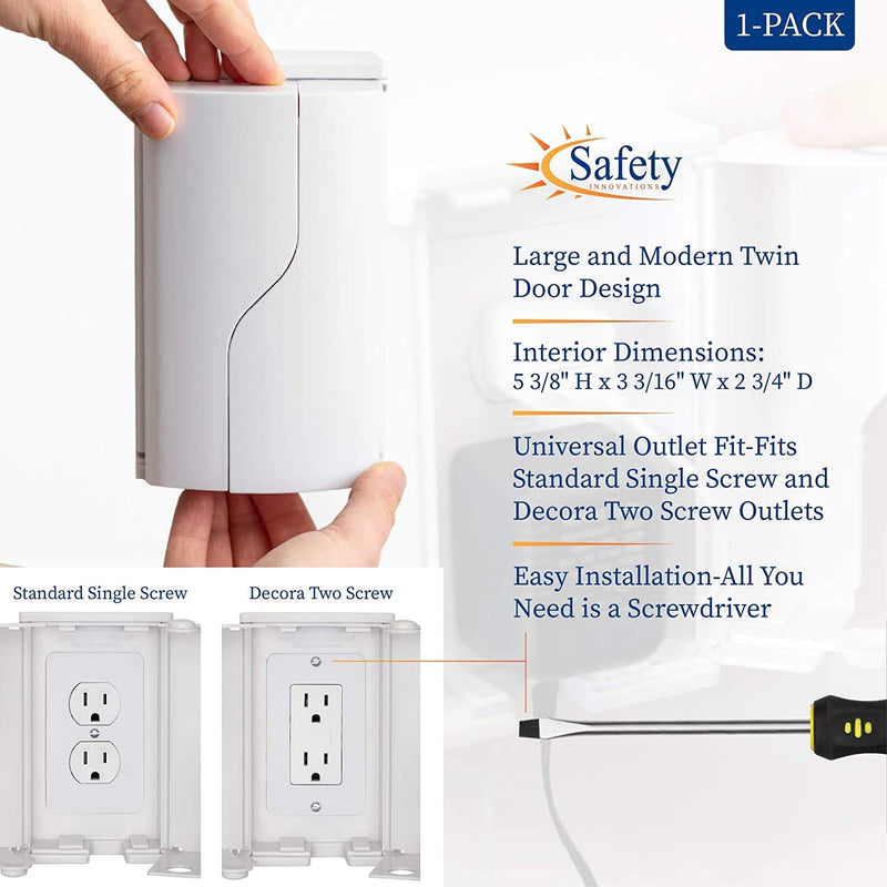 [Australia - AusPower] - Safety Innovations Twin Door Baby Safety Outlet Cover Box for Babyproofing Outlets - More Interior Space for Extra Large Electrical Plugs and Adapters - Easy to Install - Easy to Use, (1-Pack) 