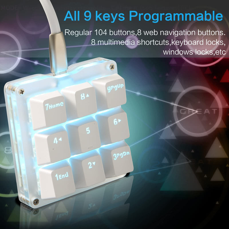[Australia - AusPower] - Koolertron One Handed Macro Mechanical Keyboard,Blue LED Backlit Portable Mini One-Handed Mechanical Gaming Keypad OSU! Keyboard 9 Fully Programmable Keys White/Red Switches/Blue LED 