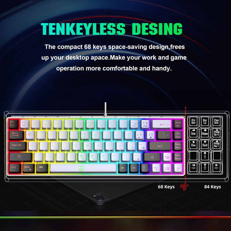 [Australia - AusPower] - Snpurdiri 60% Gaming Keyboard, RGB Backlit Mini Keyboard,Built-in Steel Plate, Membrane Keyboard but Super Mechanical Feel for Windows PC Gamers(68 Keys,White-Black) White Black 