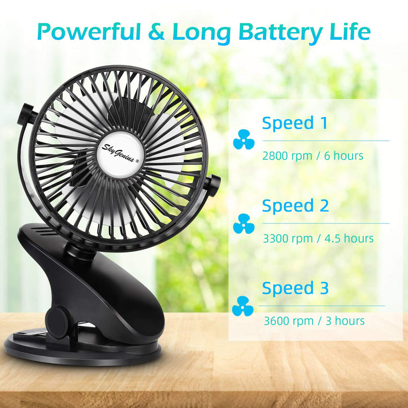 [Australia - AusPower] - SkyGenius Battery Operated Stroller Fan, Rechargeable USB Powered Mini Clip on Desk Fan Black 